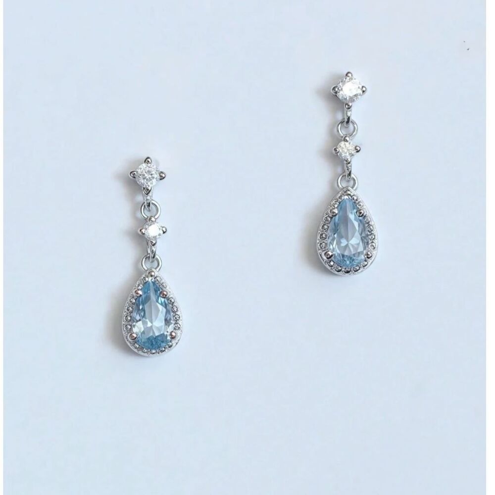 Sea Blue Teardrop Crystal Drop Earrings Silver Gemstone Dangle Pendant Charm New